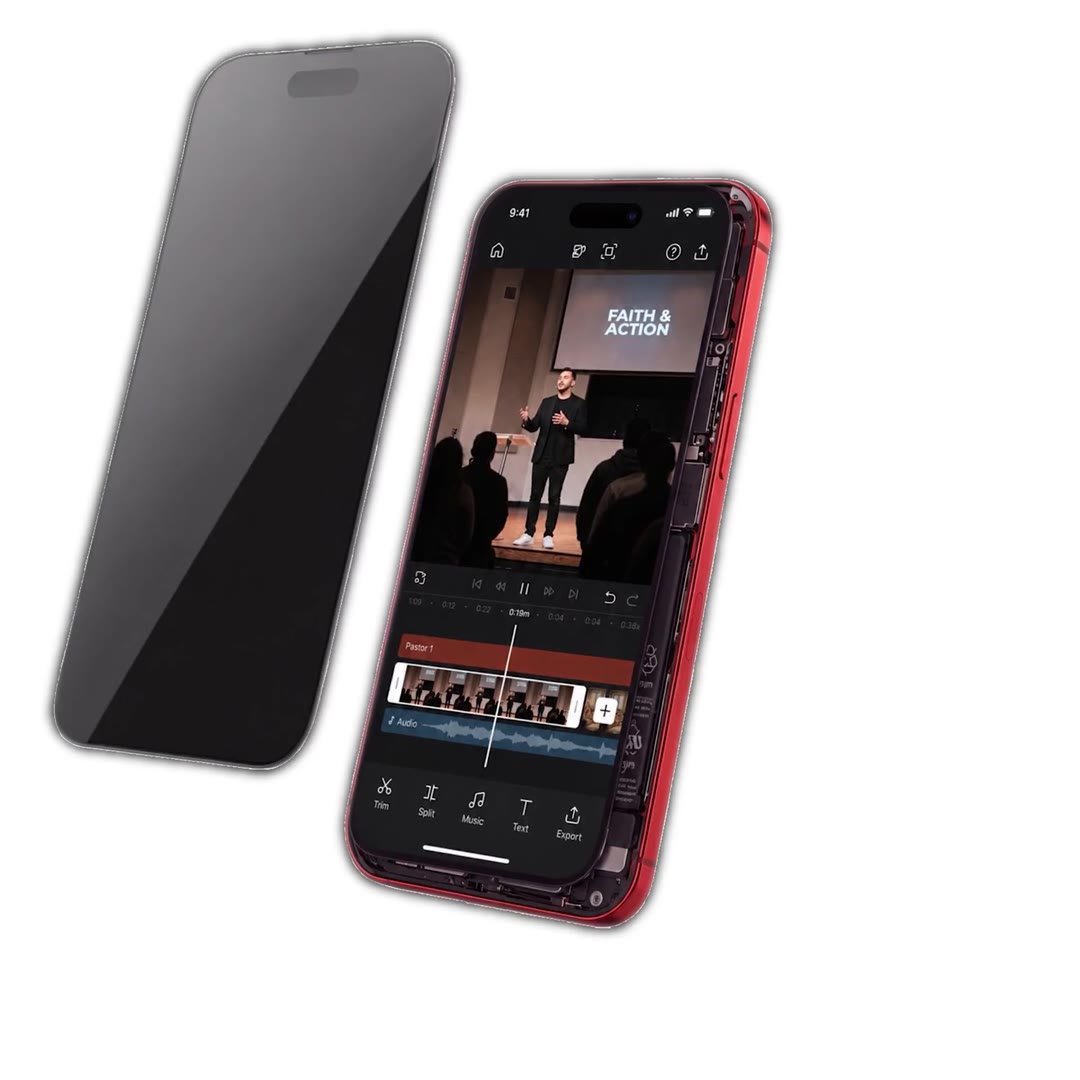 Phone showing a sermon editing timeline beside its lifted screen layer